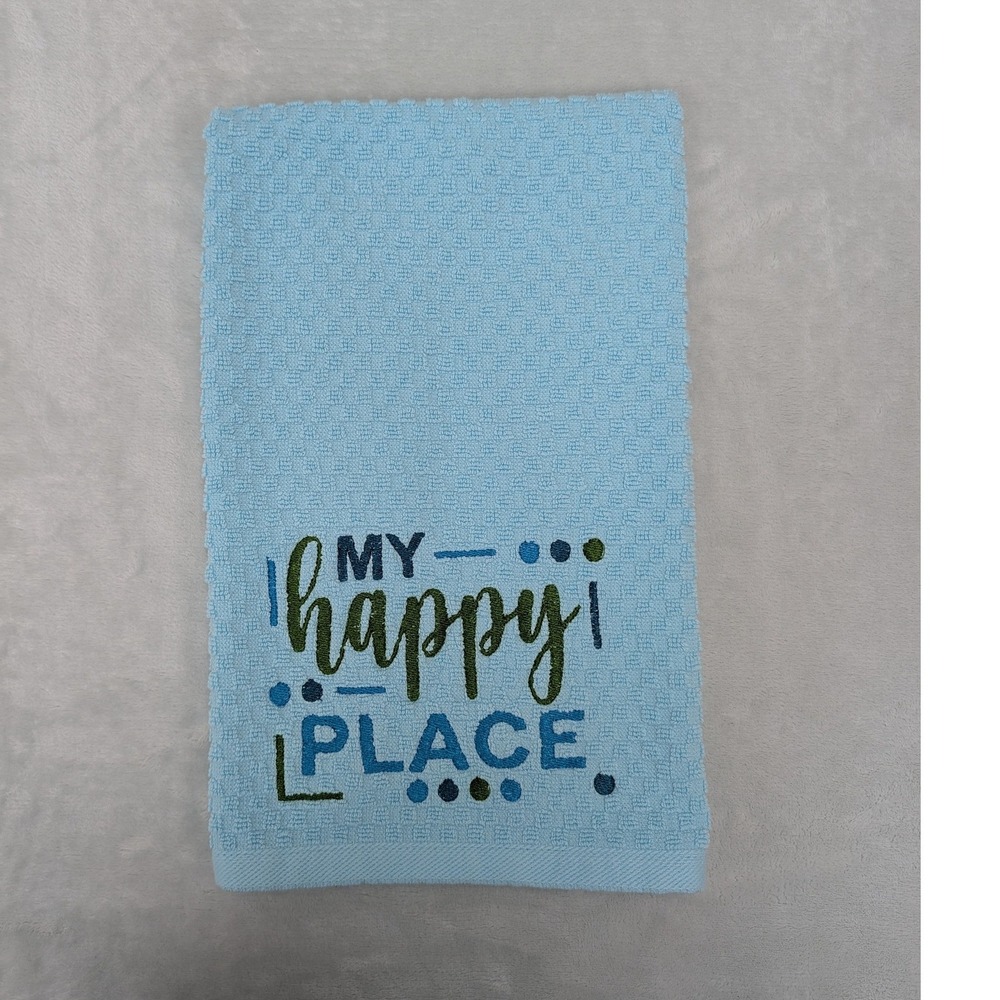 My Happy Place Embroidered Waffle Weave Kitchen Hand Towel Light Blue Cotton